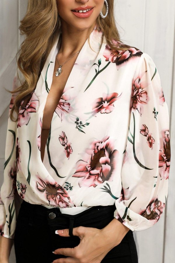 Floral Print Deep V-Neck Bodysuit Women Long Sleeve Blouse Sexy Bodysuit Spring Casual Body Mujer - Takalr