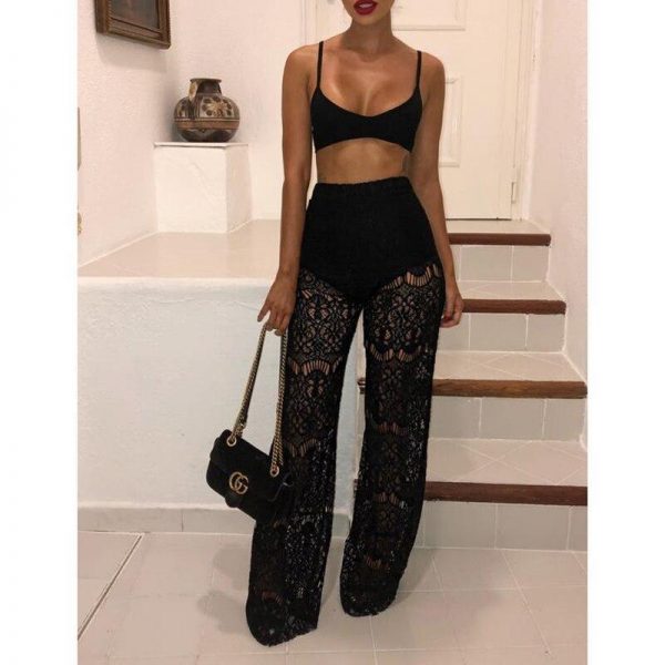 Floral contact lace pants Women hollow out long trousers Summer  club party wide leg pants Black white lace pantalon - Takalr