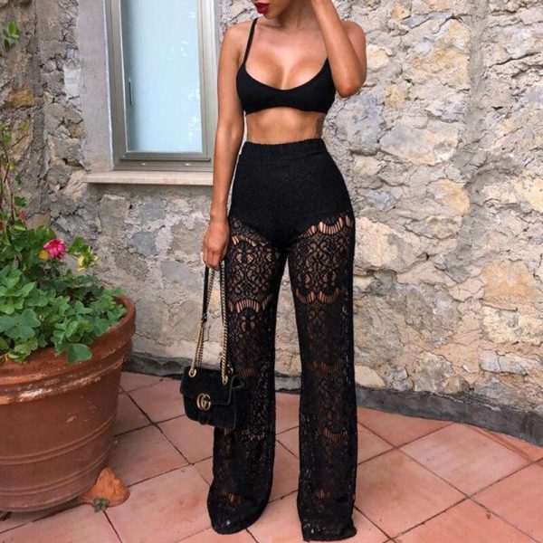 Floral contact lace pants Women hollow out long trousers Summer  club party wide leg pants Black white lace pantalon - Takalr