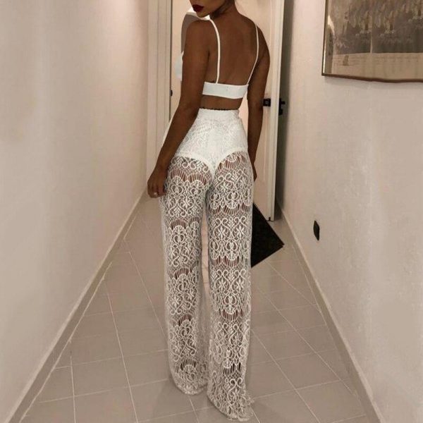 Floral contact lace pants Women hollow out long trousers Summer  club party wide leg pants Black white lace pantalon - Takalr