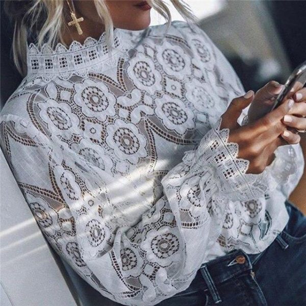 Floral crochet lace blouse women tops Long sleeve black white blouse shirt Elegant womens tops and blouses Summer ladies blusas - Takalr