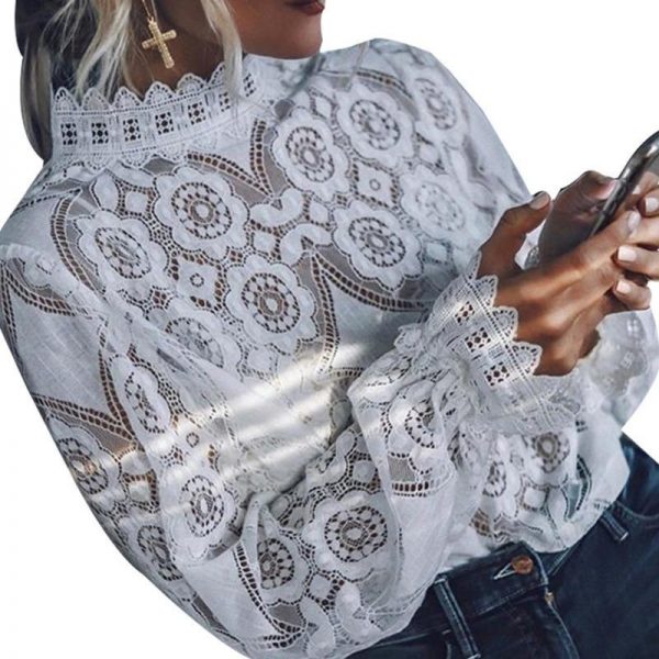 Floral crochet lace blouse women tops Long sleeve black white blouse shirt Elegant womens tops and blouses Summer ladies blusas - Takalr