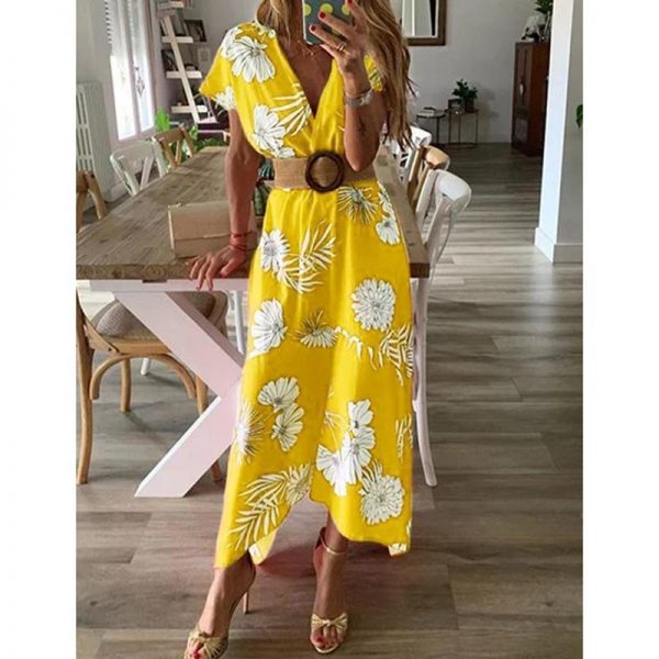 Floral print bohemian summer dress Women  v neck beach dresses Casual boho tunic maxi dress Red flower Vestidos - Takalr