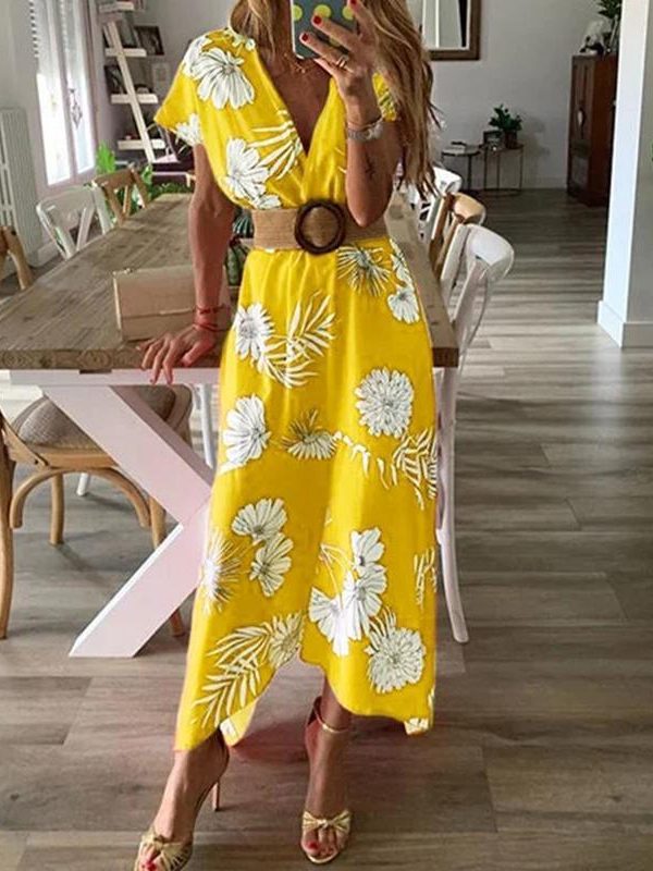 Floral print bohemian summer dress Women  v neck beach dresses Casual boho tunic maxi dress Red flower Vestidos - Takalr