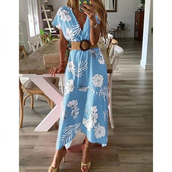 Floral print bohemian summer dress Women  v neck beach dresses Casual boho tunic maxi dress Red flower Vestidos - Takalr