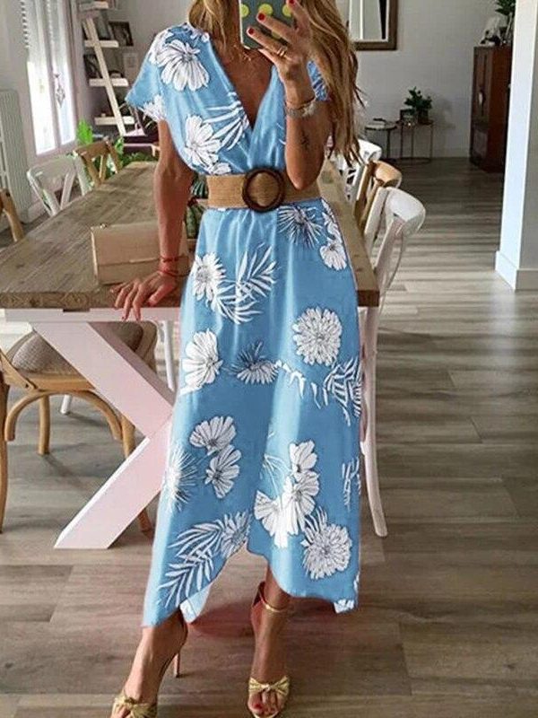 Floral print bohemian summer dress Women  v neck beach dresses Casual boho tunic maxi dress Red flower Vestidos - Takalr