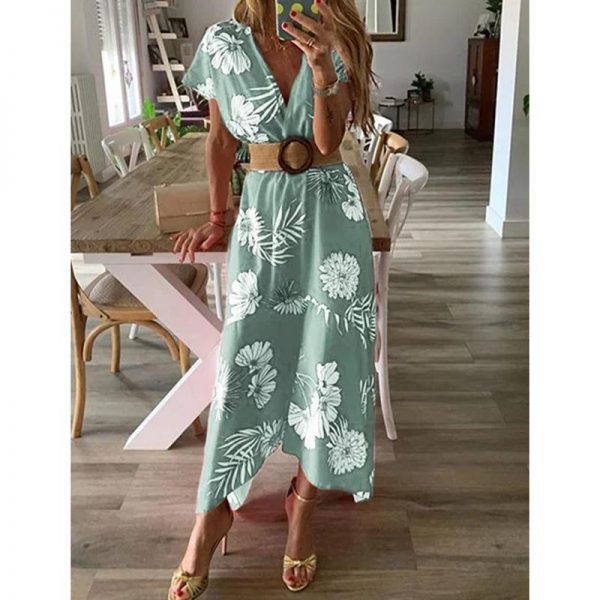 Floral print bohemian summer dress Women  v neck beach dresses Casual boho tunic maxi dress Red flower Vestidos - Takalr