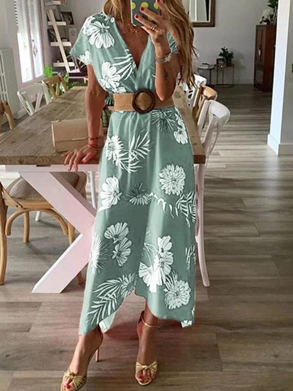 Floral print bohemian summer dress Women  v neck beach dresses Casual boho tunic maxi dress Red flower Vestidos - Takalr