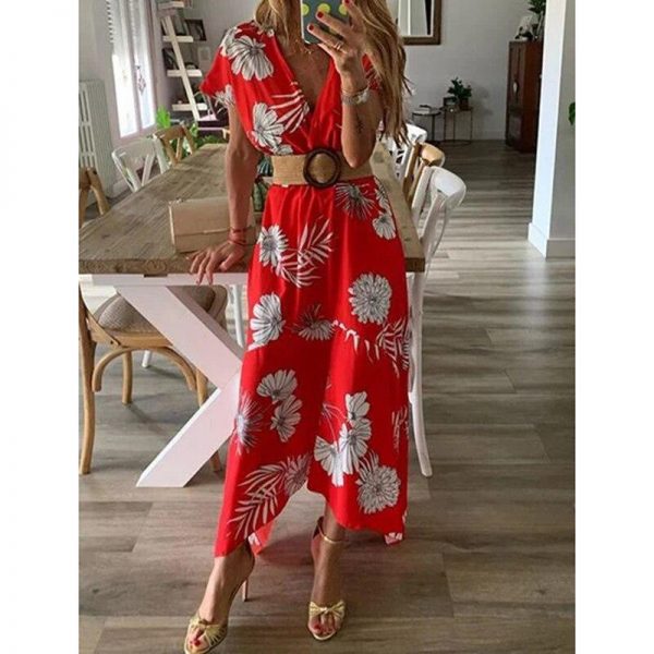 Floral print bohemian summer dress Women  v neck beach dresses Casual boho tunic maxi dress Red flower Vestidos - Takalr