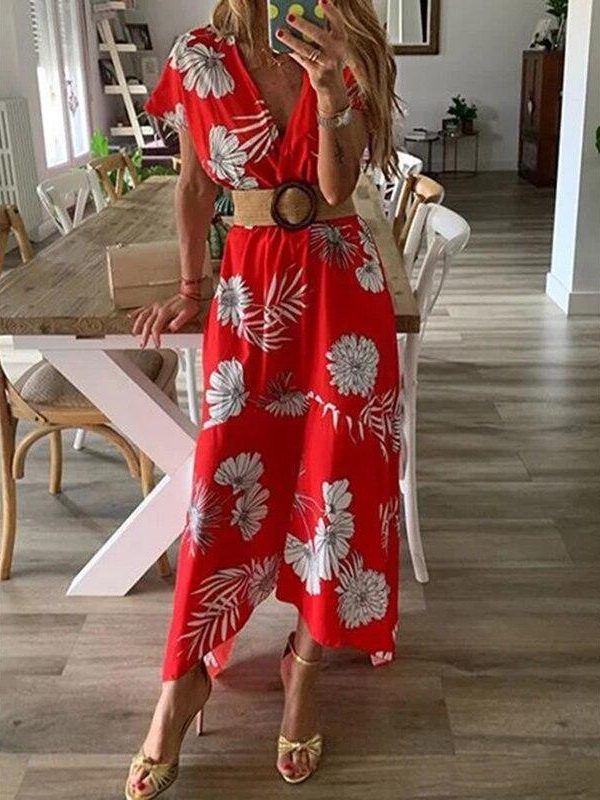 Floral print bohemian summer dress Women  v neck beach dresses Casual boho tunic maxi dress Red flower Vestidos - Takalr