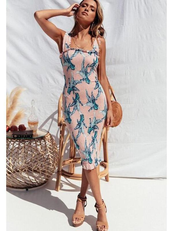 Floral print knee bodycon dress Women sleeveless square collar flower summer dress Stretchy chic boho dresses vestidos mujer - Takalr