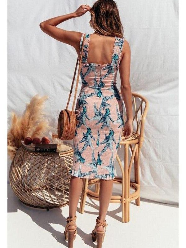 Floral print knee bodycon dress Women sleeveless square collar flower summer dress Stretchy chic boho dresses vestidos mujer - Takalr