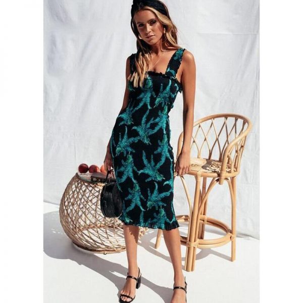 Floral print knee bodycon dress Women sleeveless square collar flower summer dress Stretchy chic boho dresses vestidos mujer - Takalr