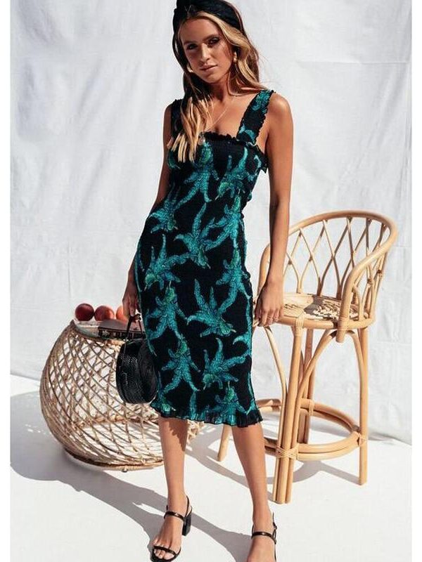 Floral print knee bodycon dress Women sleeveless square collar flower summer dress Stretchy chic boho dresses vestidos mujer - Takalr