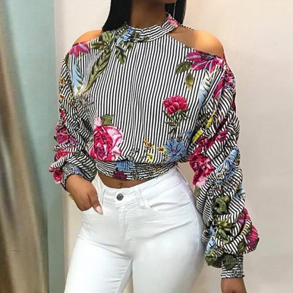 Flower Striped Print Long Sleeve Shirt Women Cold Shoulder Long Sleeve Tops Femme Navel Exposed T-shirt Causal Autumn Blusa - Takalr