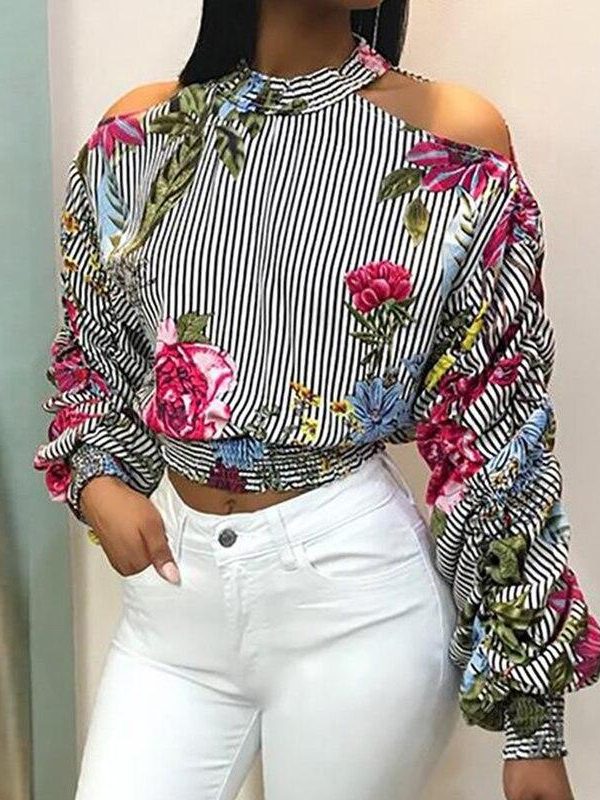 Flower Striped Print Long Sleeve Shirt Women Cold Shoulder Long Sleeve Tops Femme Navel Exposed T-shirt Causal Autumn Blusa - Takalr