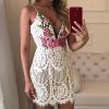 Flower embroideried crochet lace dress women Low cut sexy bodycon party dress Summer spaghetti strap white mini vestidos - Takalr