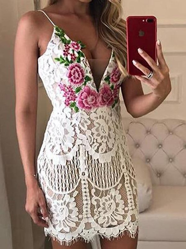 Flower embroideried crochet lace dress women Low cut sexy bodycon party dress Summer spaghetti strap white mini vestidos - Takalr