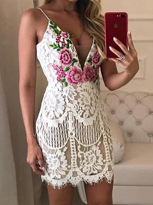 Flower embroideried crochet lace dress women Low cut sexy bodycon party dress Summer spaghetti strap white mini vestidos - Takalr