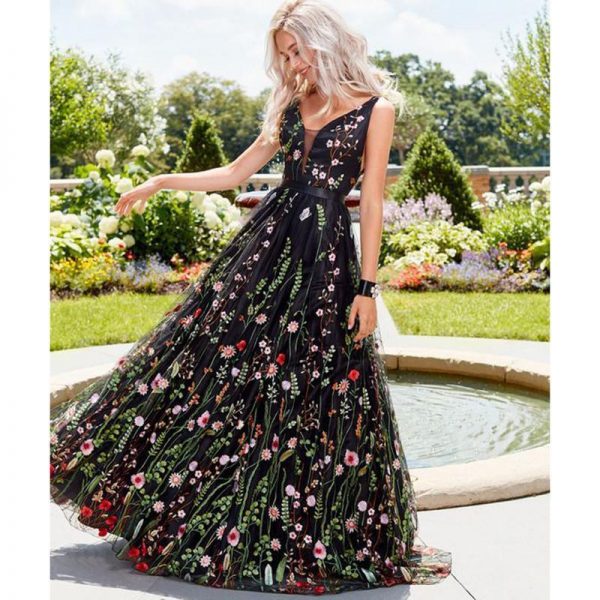 Flower embroidery maxi dress Women Backless v neck long party dress Elegant sleeveless plunging mesh dress summer vestidos - Takalr