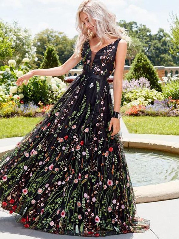 Flower embroidery maxi dress Women Backless v neck long party dress Elegant sleeveless plunging mesh dress summer vestidos - Takalr