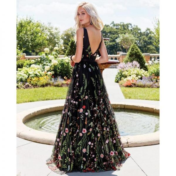 Flower embroidery maxi dress Women Backless v neck long party dress Elegant sleeveless plunging mesh dress summer vestidos - Takalr