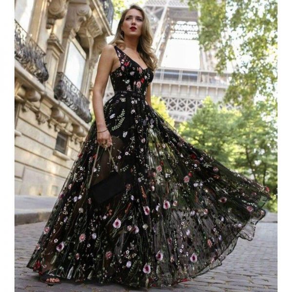 Flower embroidery maxi dress Women Backless v neck long party dress Elegant sleeveless plunging mesh dress summer vestidos - Takalr