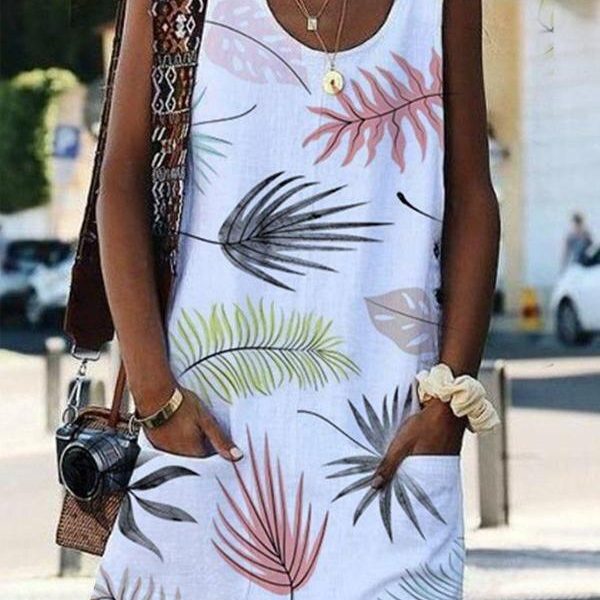 Flower print sleeveless women dress Summer casual mini beach dress with pocket Straight dresses female vestido festa - Takalr