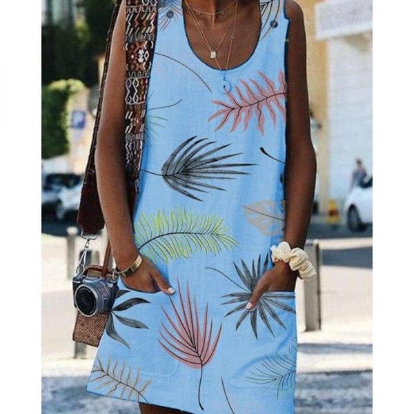 Flower print sleeveless women dress Summer casual mini beach dress with pocket Straight dresses female vestido festa - Takalr