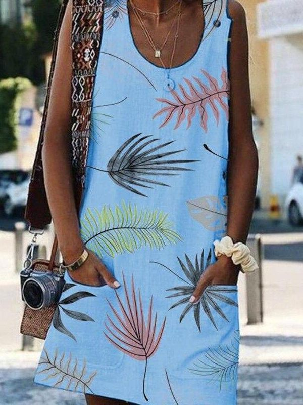 Flower print sleeveless women dress Summer casual mini beach dress with pocket Straight dresses female vestido festa - Takalr