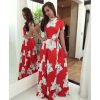 Flower print turtleneck long summer dress Women sashes pleated long dress Elegant womens maxi dresses red vestidos mujer - Takalr