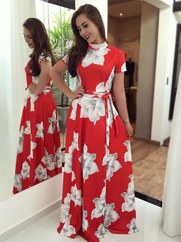 Flower print turtleneck long summer dress Women sashes pleated long dress Elegant womens maxi dresses red vestidos mujer - Takalr