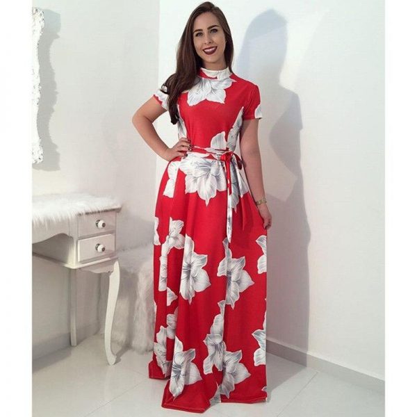 Flower print turtleneck long summer dress Women sashes pleated long dress Elegant womens maxi dresses red vestidos mujer - Takalr