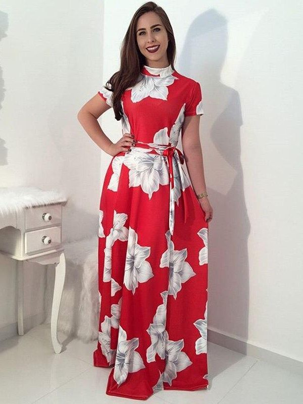 Flower print turtleneck long summer dress Women sashes pleated long dress Elegant womens maxi dresses red vestidos mujer - Takalr