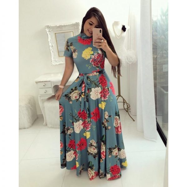 Flower print turtleneck long summer dress Women sashes pleated long dress Elegant womens maxi dresses red vestidos mujer - Takalr