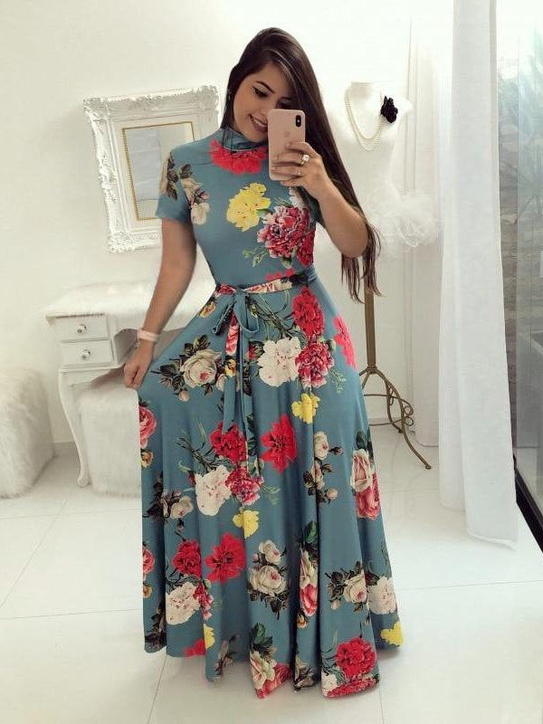 Flower print turtleneck long summer dress Women sashes pleated long dress Elegant womens maxi dresses red vestidos mujer - Takalr