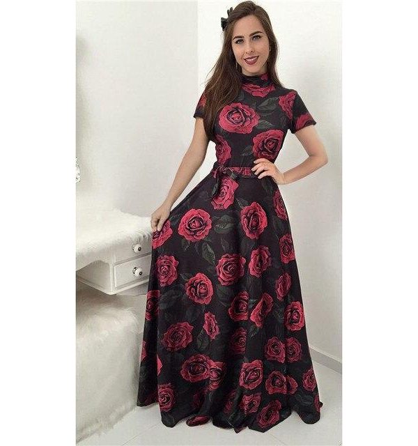 Flower print turtleneck long summer dress Women sashes pleated long dress Elegant womens maxi dresses red vestidos mujer - Takalr