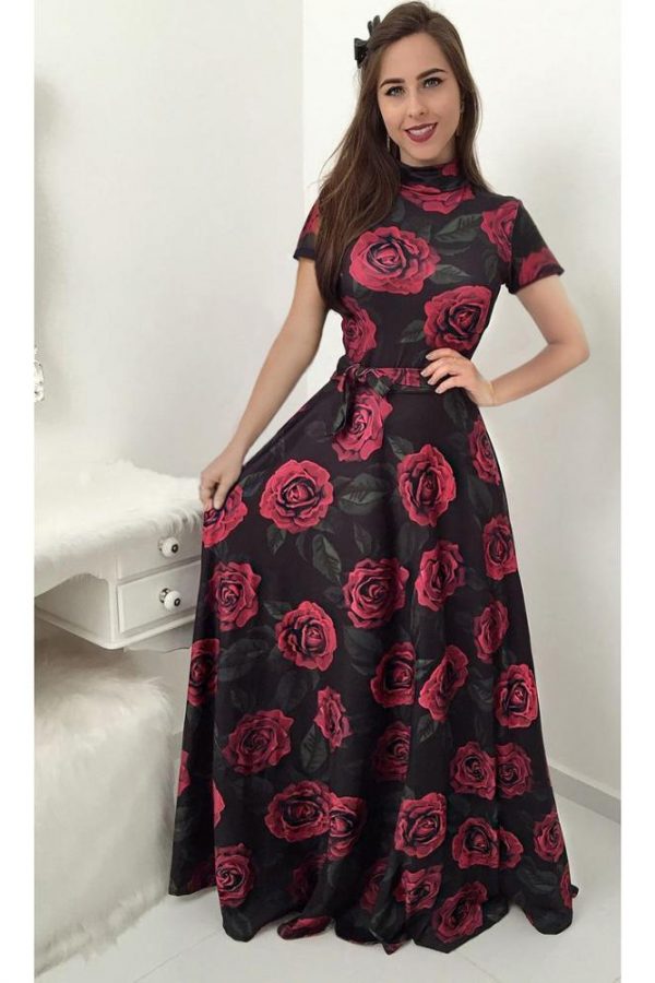 Flower print turtleneck long summer dress Women sashes pleated long dress Elegant womens maxi dresses red vestidos mujer - Takalr