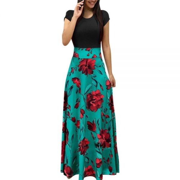 Flower printed long dress Women short sleeve high waist plunge dresses Autumn fashion bohemian dresss Boho maxi vestido - Takalr