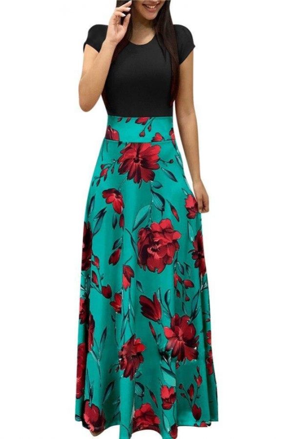 Flower printed long dress Women short sleeve high waist plunge dresses Autumn fashion bohemian dresss Boho maxi vestido - Takalr