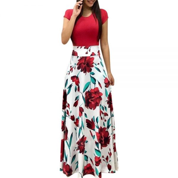 Flower printed long dress Women short sleeve high waist plunge dresses Autumn fashion bohemian dresss Boho maxi vestido - Takalr