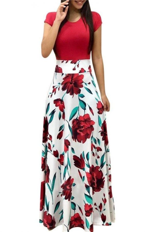 Flower printed long dress Women short sleeve high waist plunge dresses Autumn fashion bohemian dresss Boho maxi vestido - Takalr