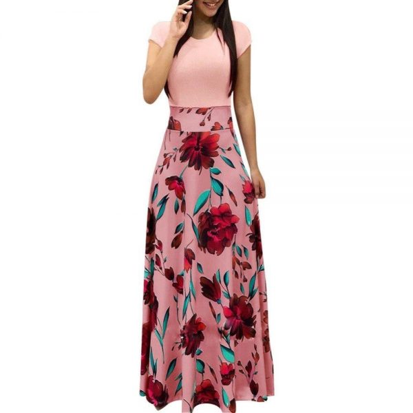 Flower printed long dress Women short sleeve high waist plunge dresses Autumn fashion bohemian dresss Boho maxi vestido - Takalr