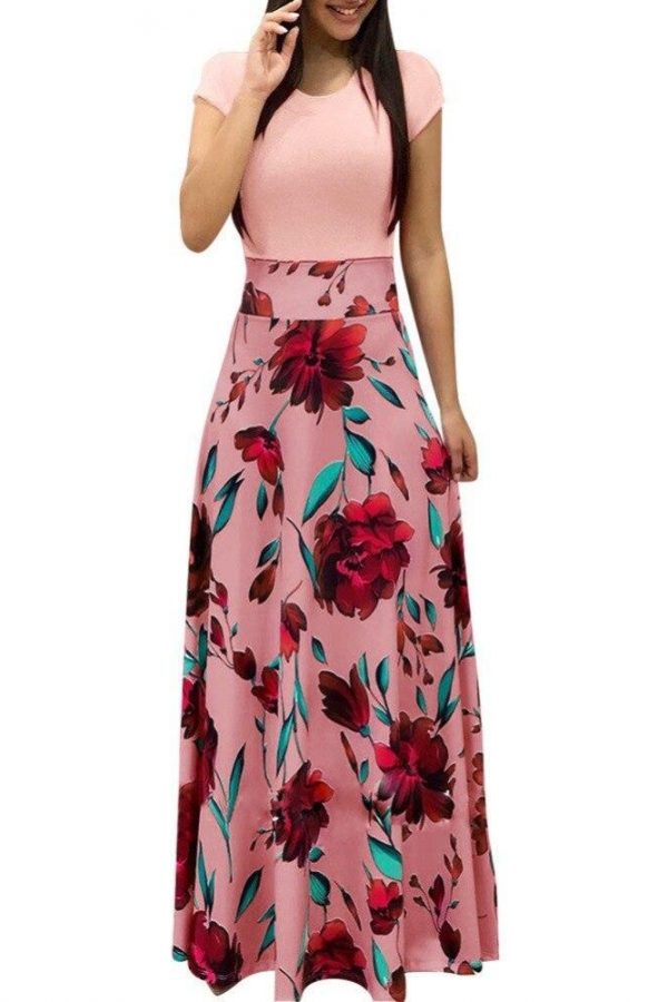 Flower printed long dress Women short sleeve high waist plunge dresses Autumn fashion bohemian dresss Boho maxi vestido - Takalr