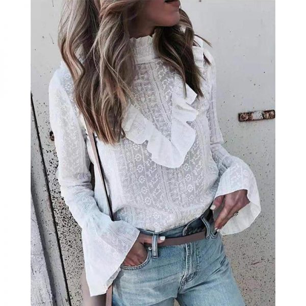 Frill Turtleneck Long Sleeve T Shirt Women Hollow Out White Tops Autumn Flare Sleeve Tshirt Elegant Casual Blusas Mujer - Takalr