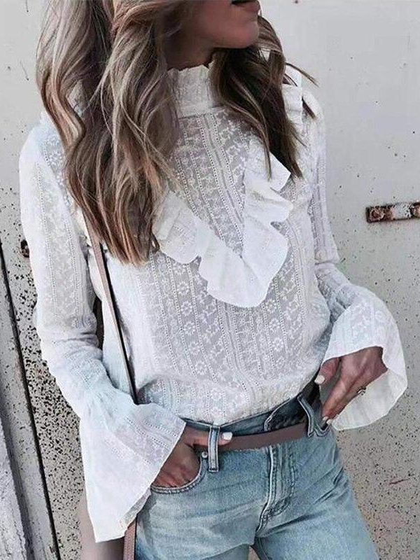 Frill Turtleneck Long Sleeve T Shirt Women Hollow Out White Tops Autumn Flare Sleeve Tshirt Elegant Casual Blusas Mujer - Takalr