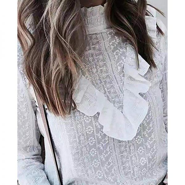 Frill Turtleneck Long Sleeve T Shirt Women Hollow Out White Tops Autumn Flare Sleeve Tshirt Elegant Casual Blusas Mujer - Takalr