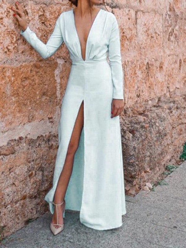 Front slit long dress women v neck long sleeve dress Autumn Fashion casual dresses Elegant maxi vestidso mujer - Takalr