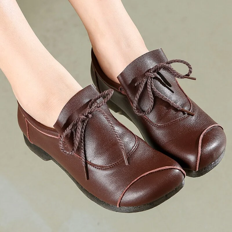 Flats Women Shoes Genuine Leather Big Toe Spring Autumn Slip-On Handmade Retro Concise Ladies Shoes