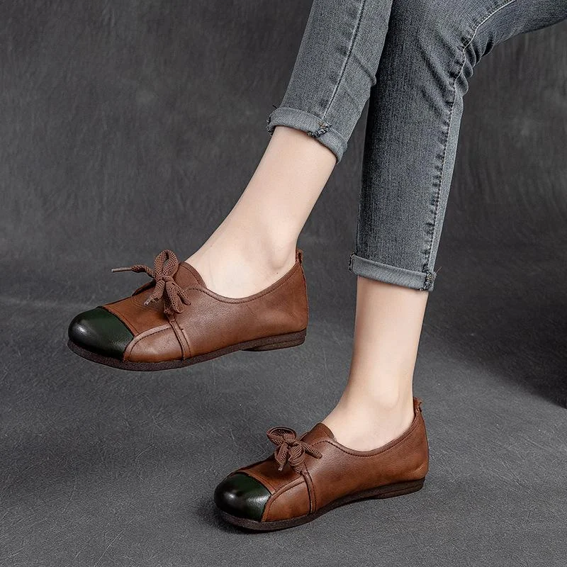 Flats Women Shoes Mixed Colors Genuine Leather Lace-Up Retro Round Toe Shallow Concise Handmade Ladies Shoes - Image 2